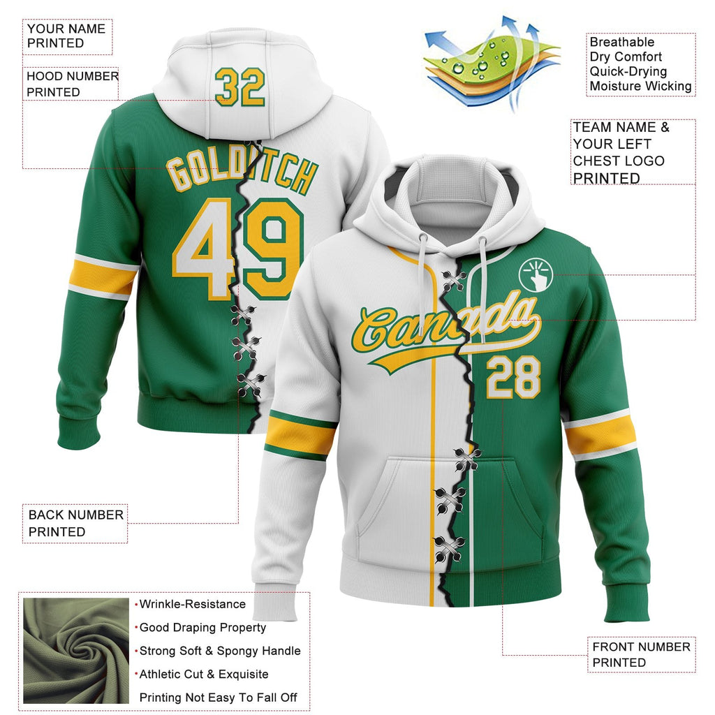 Custom Kelly Green White-Gold Split Ripped Pattern Baseball Pullover Sweatshirt Hoodie photo 3