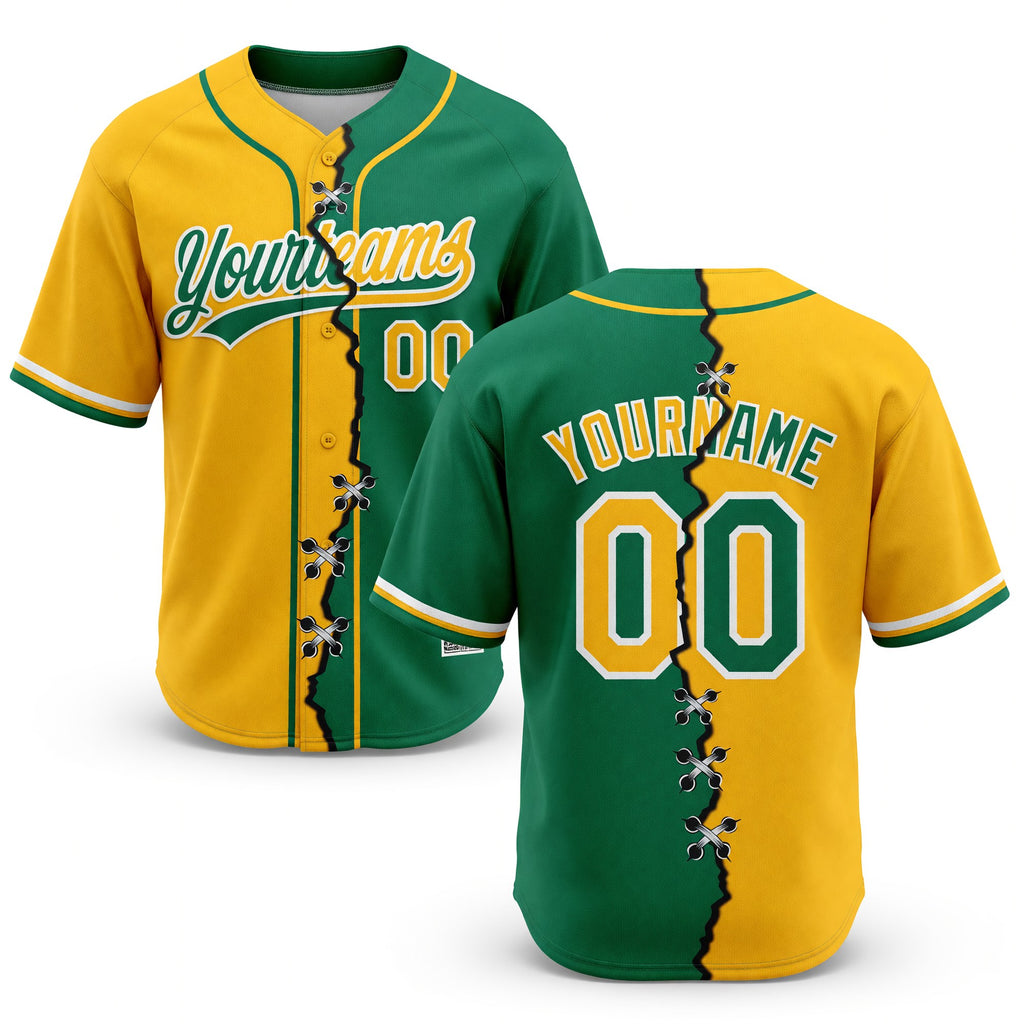 Custom Kelly Green Gold-White Split Ripped Pattern Baseball Pullover Sweatshirt Hoodie