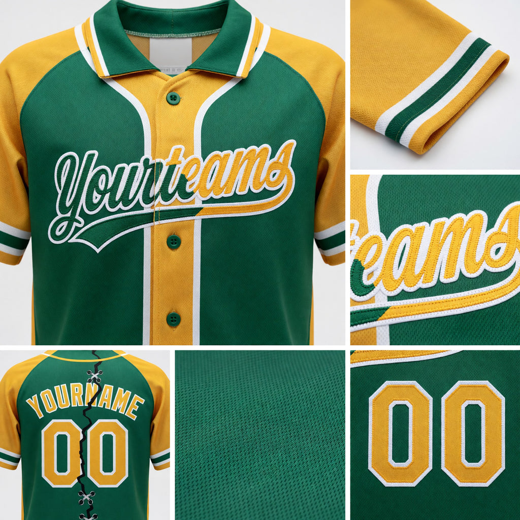 Custom Kelly Green Gold-White Split Ripped Pattern Baseball Pullover Sweatshirt Hoodie detail