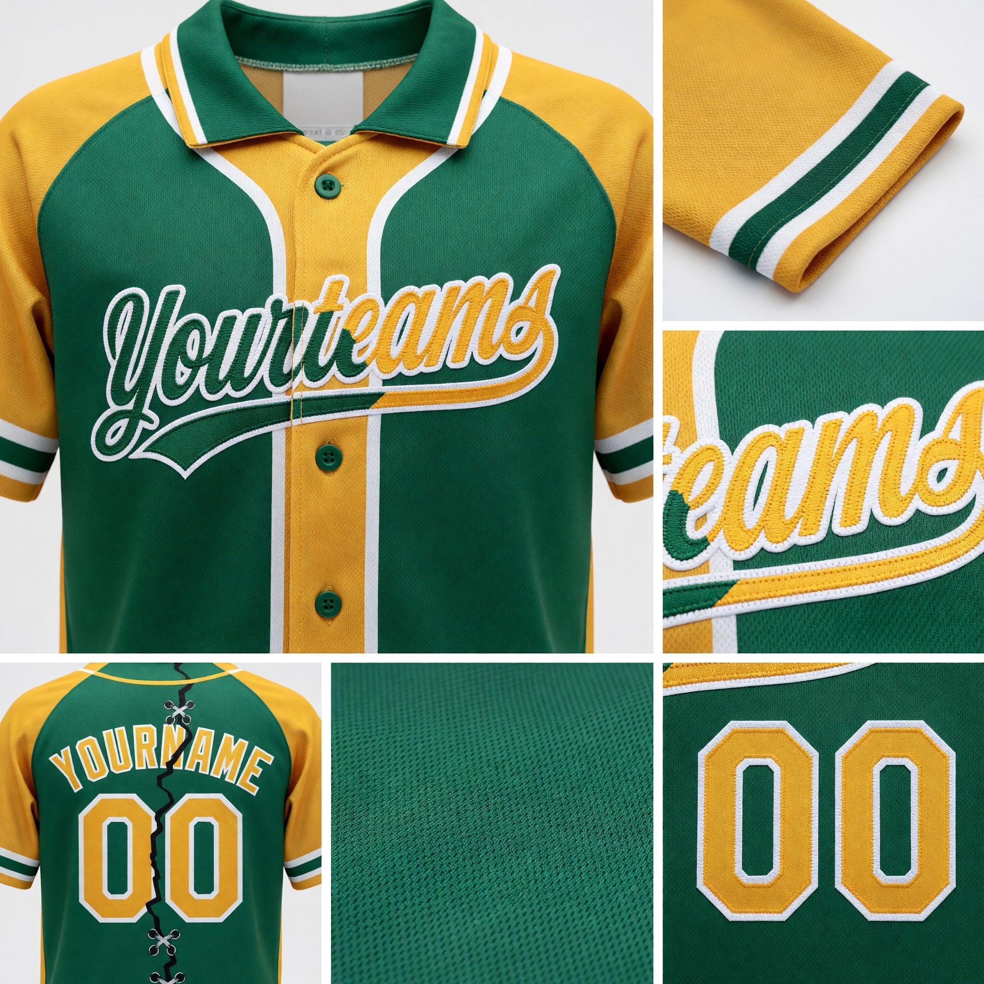 Custom Kelly Green Gold-White Split Ripped Pattern Baseball Pullover Sweatshirt Hoodie detail