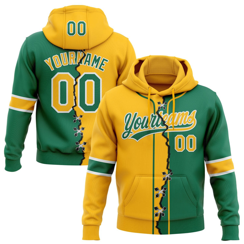 Custom Kelly Green Gold-White Split Ripped Pattern Baseball Pullover Sweatshirt Hoodie photo 1