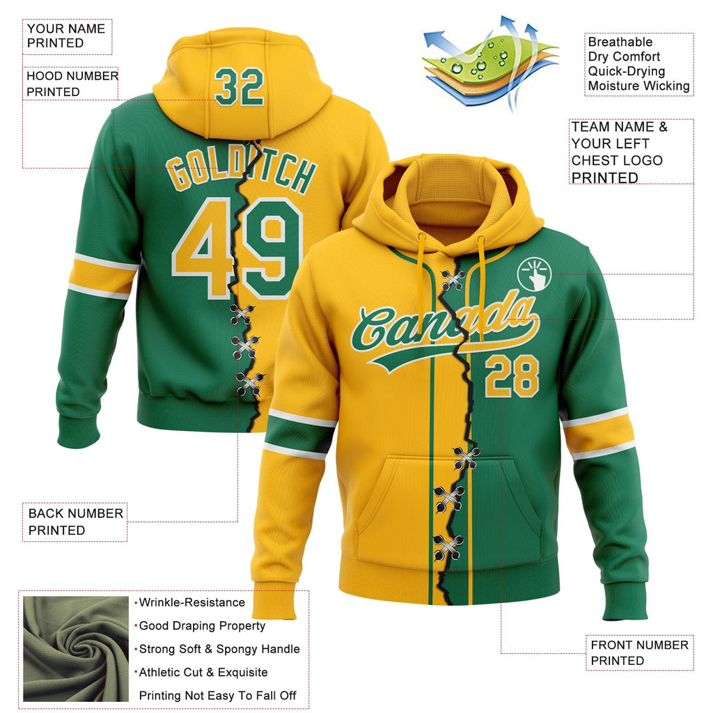 Custom Kelly Green Gold-White Split Ripped Pattern Baseball Pullover Sweatshirt Hoodie photo 3