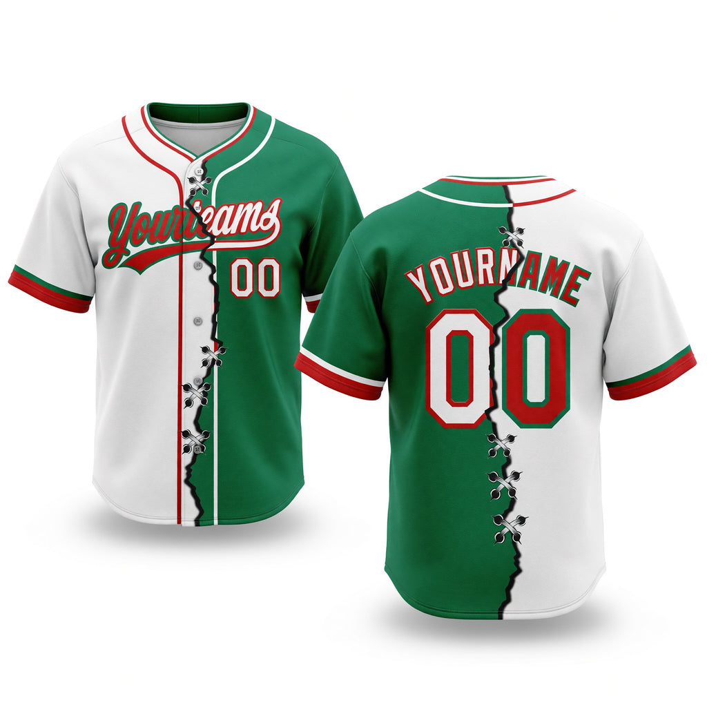Custom Kelly Green White-Red Split Ripped Pattern Baseball Pullover Sweatshirt Hoodie