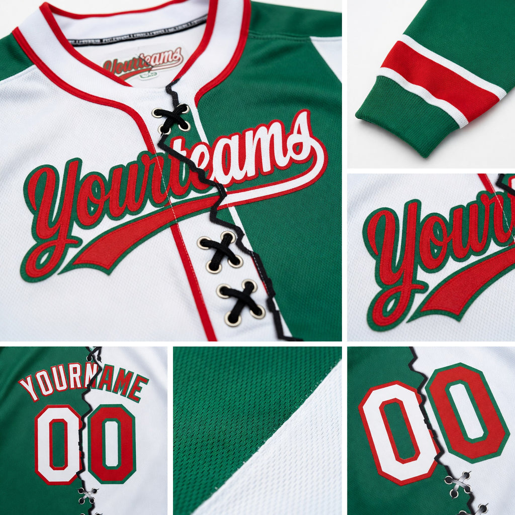 Custom Kelly Green White-Red Split Ripped Pattern Baseball Pullover Sweatshirt Hoodie detail