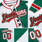 Custom Kelly Green White-Red Split Ripped Pattern Baseball Pullover Sweatshirt Hoodie detail