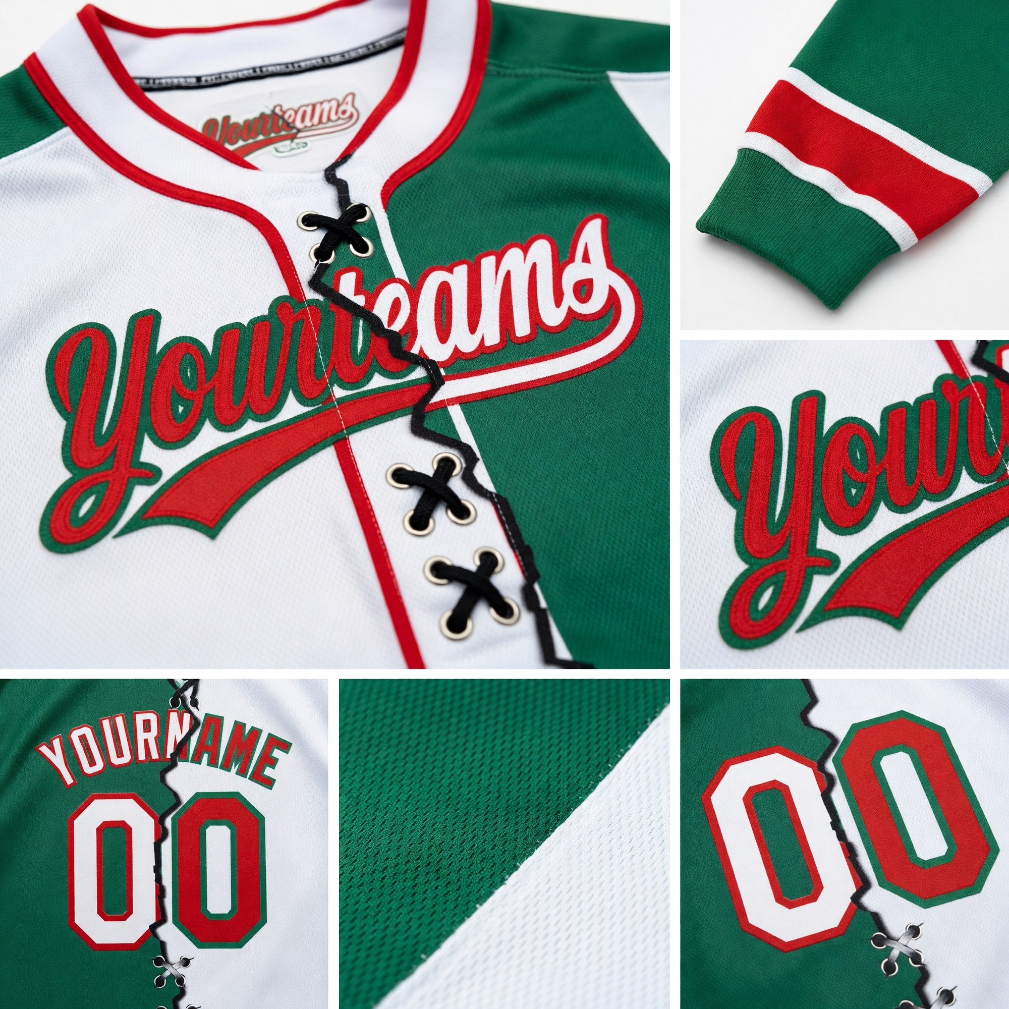 Custom Kelly Green White-Red Split Ripped Pattern Baseball Pullover Sweatshirt Hoodie detail