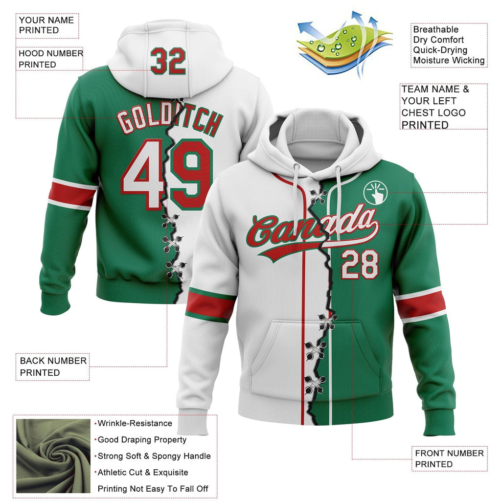 Custom Kelly Green White-Red Split Ripped Pattern Baseball Pullover Sweatshirt Hoodie photo 3