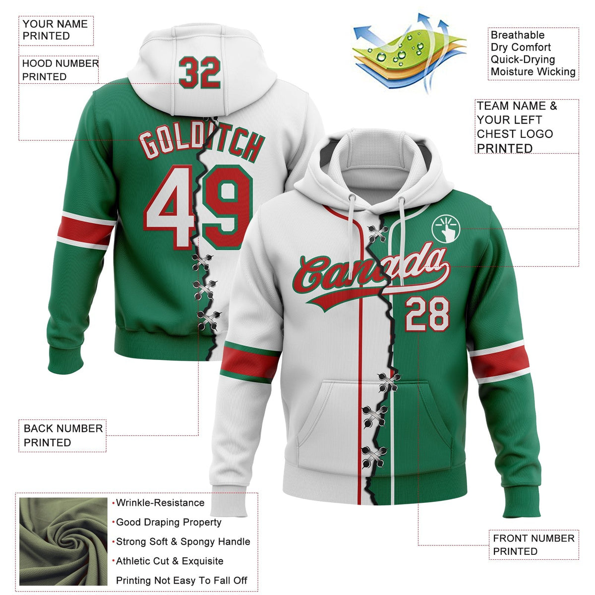 Custom Kelly Green White-Red Split Ripped Pattern Baseball Pullover Sweatshirt Hoodie photo 3