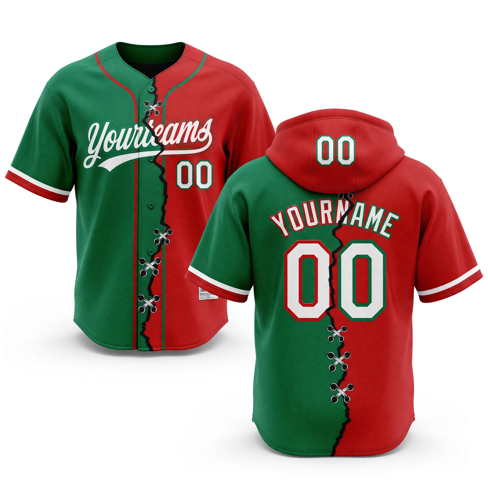 Custom Kelly Green White-Red Split Ripped Pattern Baseball Pullover Sweatshirt Hoodie