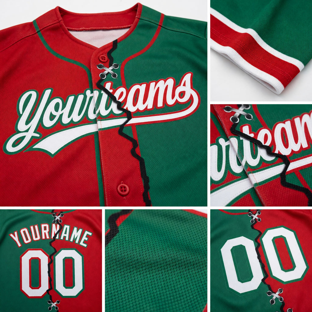 Custom Kelly Green White-Red Split Ripped Pattern Baseball Pullover Sweatshirt Hoodie detail