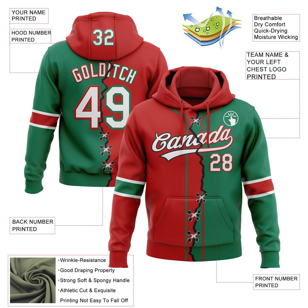 Custom Kelly Green White-Red Split Ripped Pattern Baseball Pullover Sweatshirt Hoodie photo 3