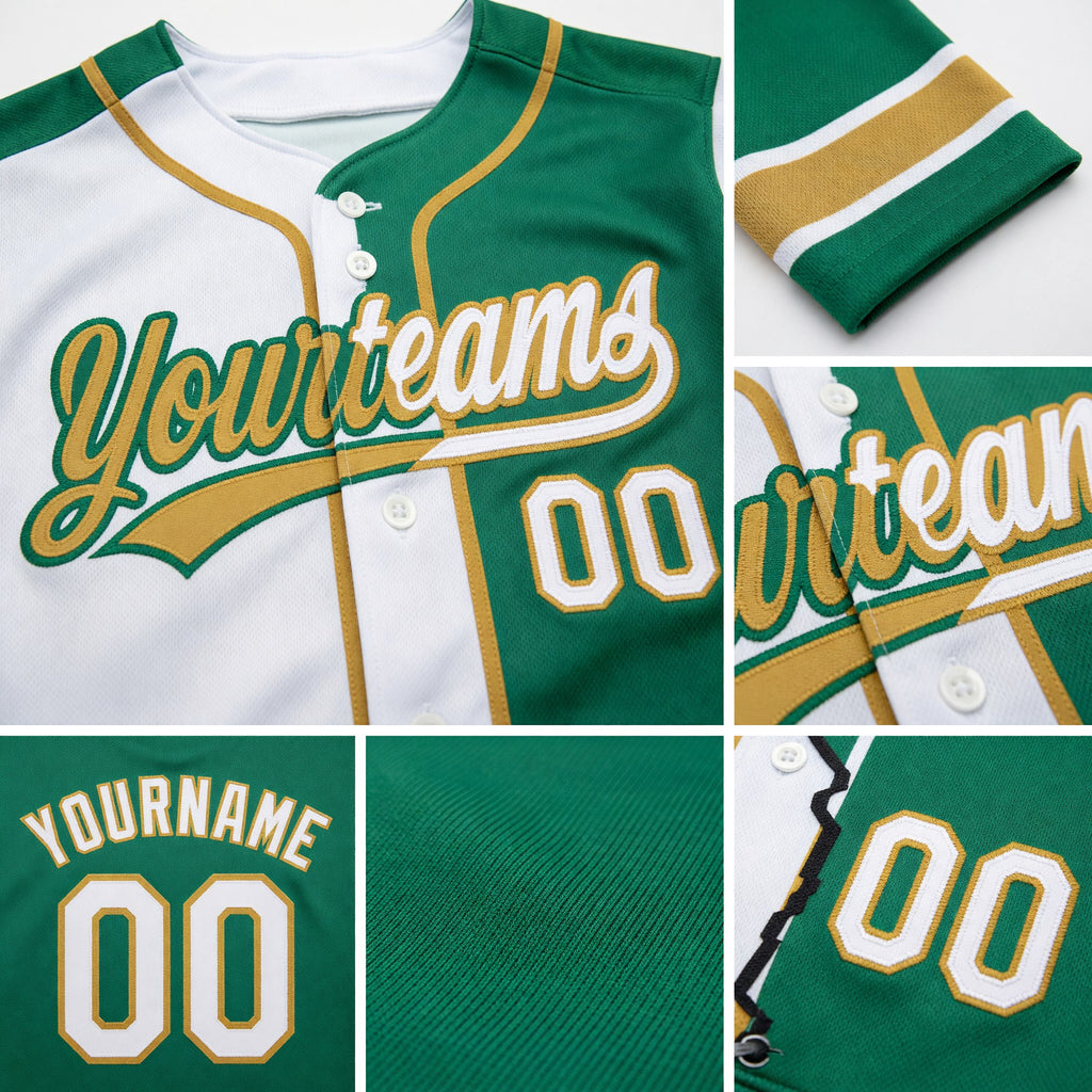 Custom Kelly Green White-Old Gold Split Ripped Pattern Baseball Pullover Sweatshirt Hoodie detail