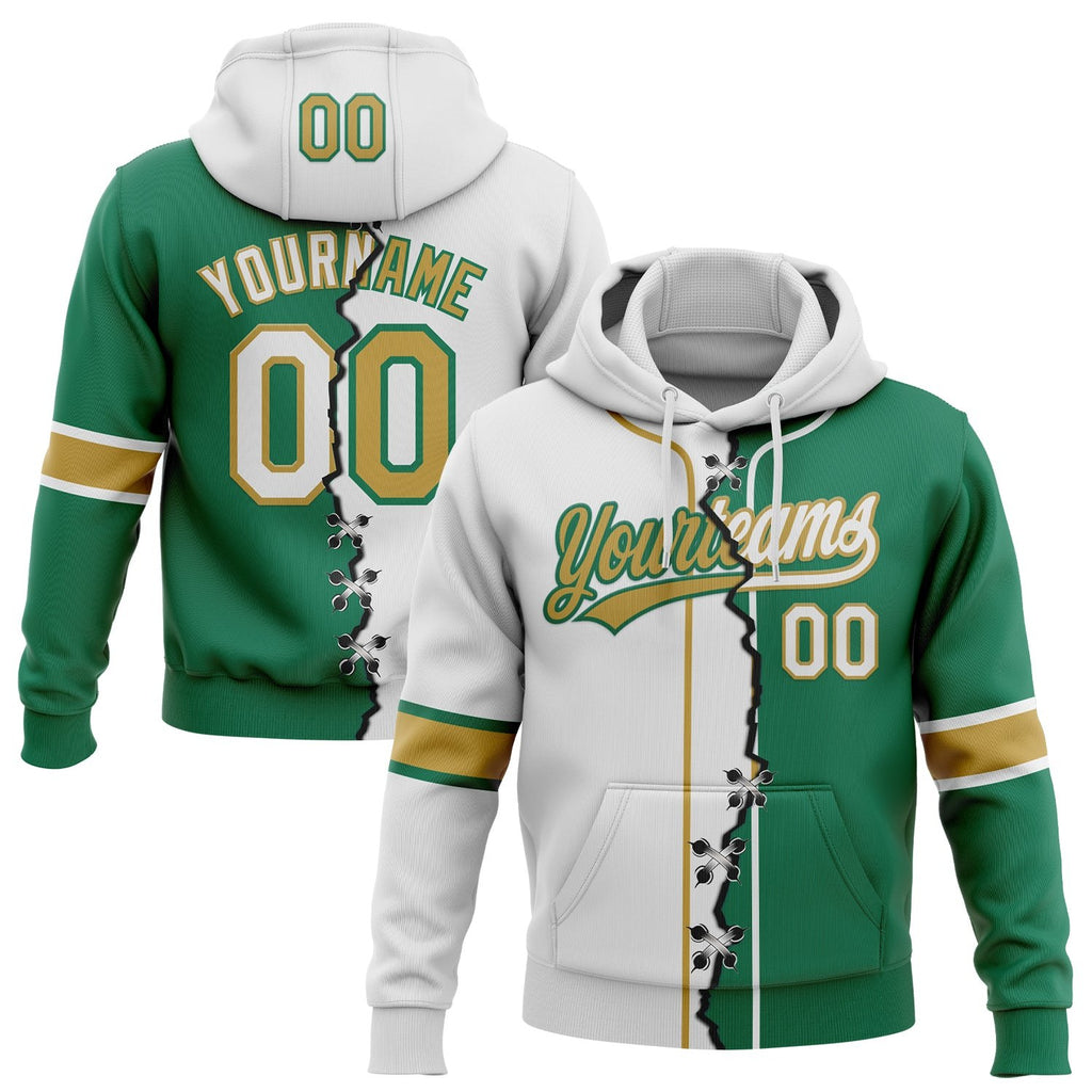 Custom Kelly Green White-Old Gold Split Ripped Pattern Baseball Pullover Sweatshirt Hoodie photo 1