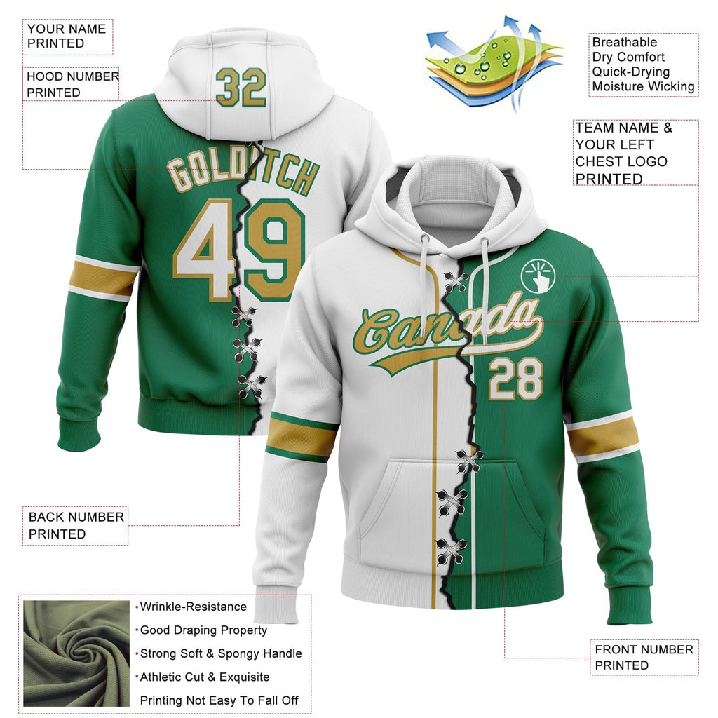 Custom Kelly Green White-Old Gold Split Ripped Pattern Baseball Pullover Sweatshirt Hoodie photo 3