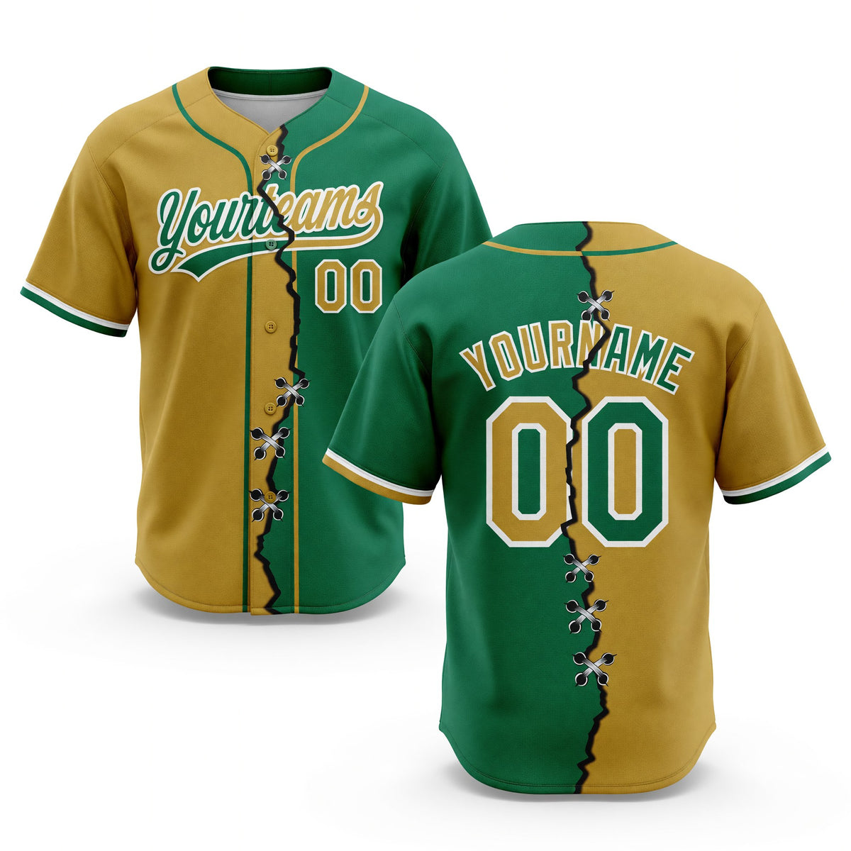 Custom Kelly Green Old Gold-White Split Ripped Pattern Baseball Pullover Sweatshirt Hoodie