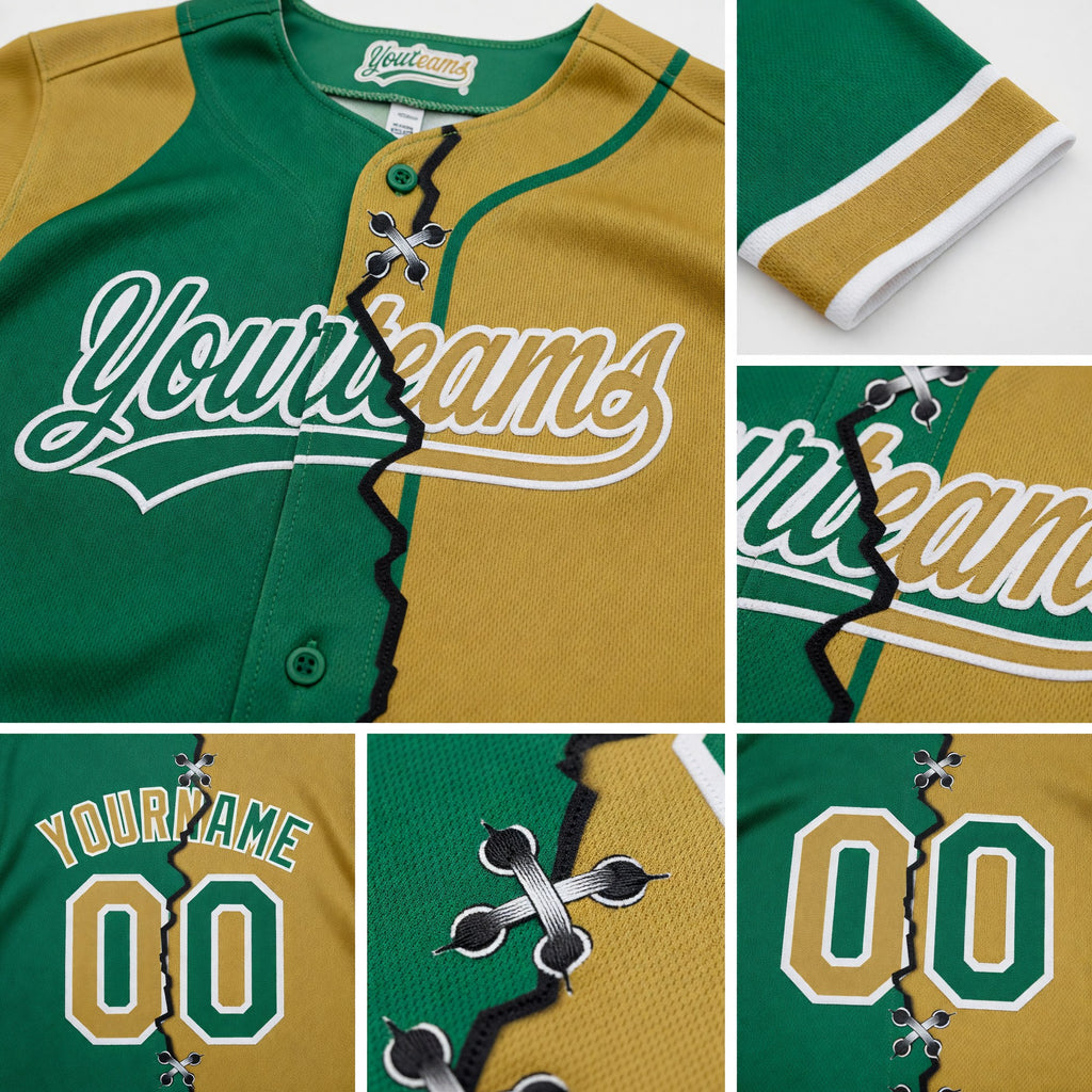 Custom Kelly Green Old Gold-White Split Ripped Pattern Baseball Pullover Sweatshirt Hoodie detail