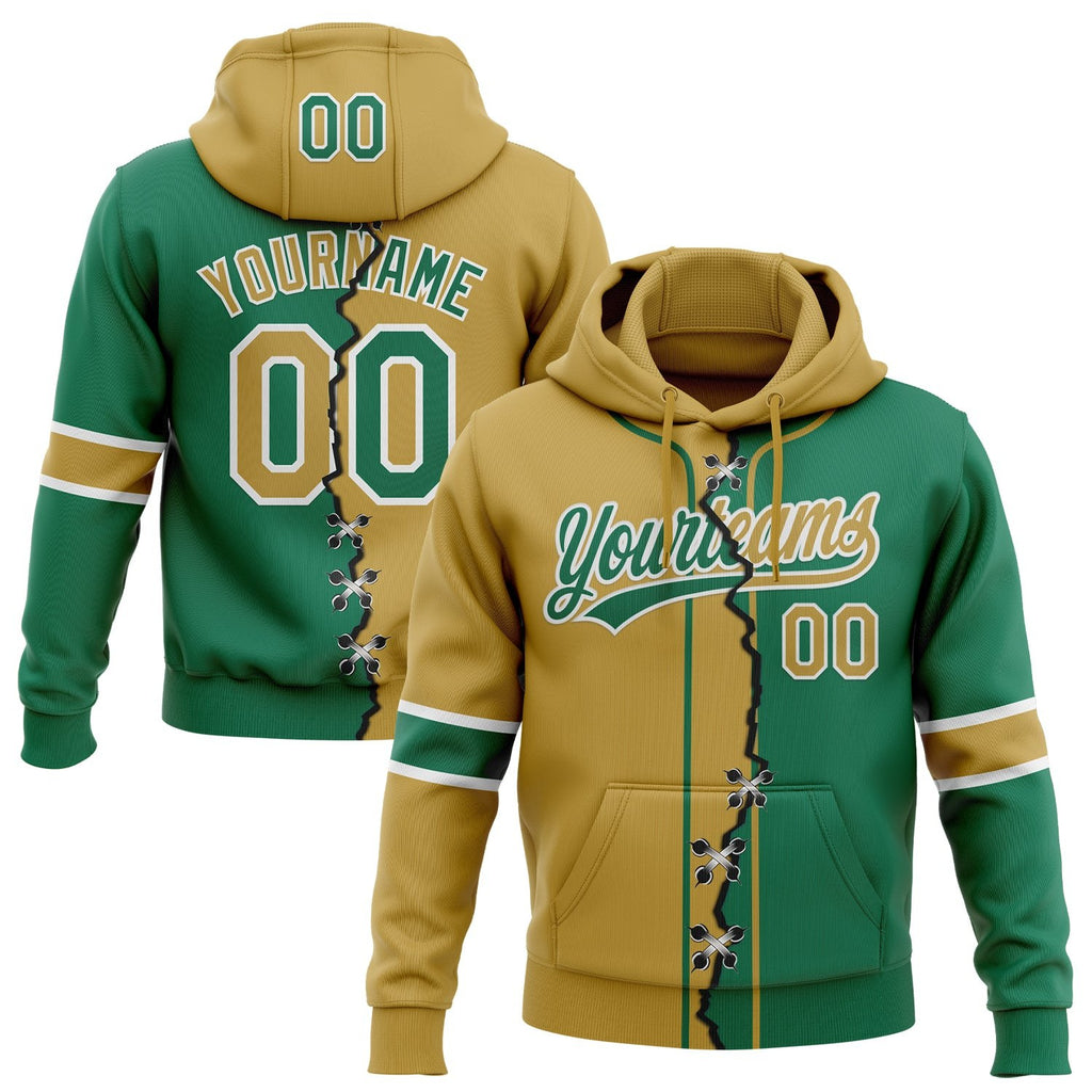 Custom Kelly Green Old Gold-White Split Ripped Pattern Baseball Pullover Sweatshirt Hoodie photo 1