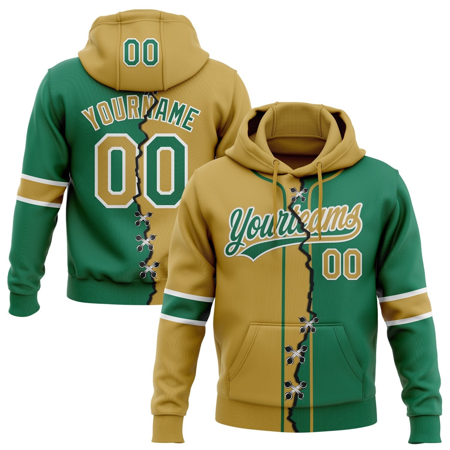 Custom Kelly Green Old Gold-White Split Ripped Pattern Baseball Pullover Sweatshirt Hoodie photo 1