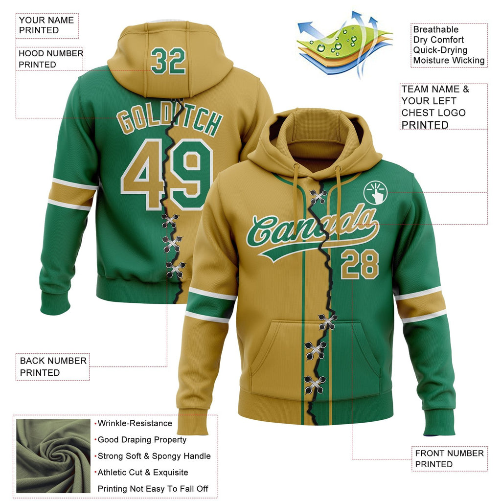 Custom Kelly Green Old Gold-White Split Ripped Pattern Baseball Pullover Sweatshirt Hoodie photo 3