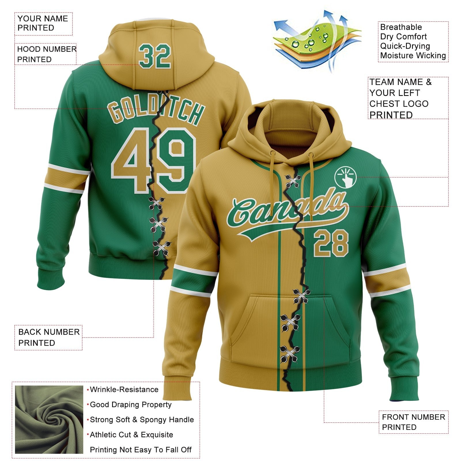 Custom Kelly Green Old Gold-White Split Ripped Pattern Baseball Pullover Sweatshirt Hoodie photo 3