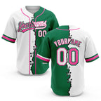 Custom Kelly Green White-Pink Split Ripped Pattern Baseball Pullover Sweatshirt Hoodie
