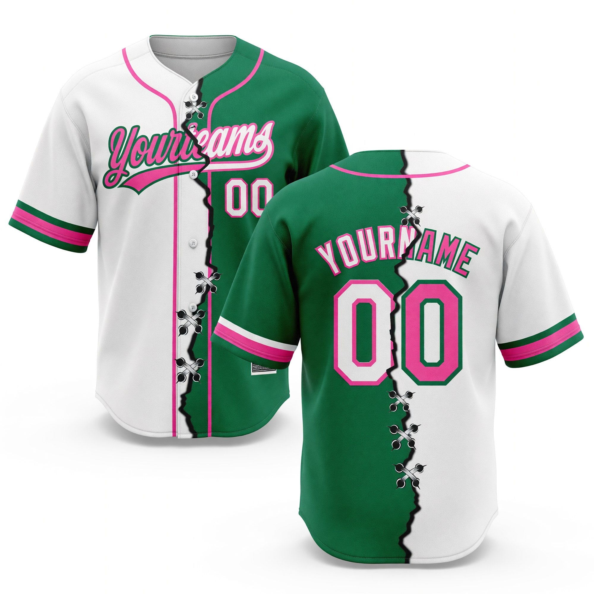 Custom Kelly Green White-Pink Split Ripped Pattern Baseball Pullover Sweatshirt Hoodie