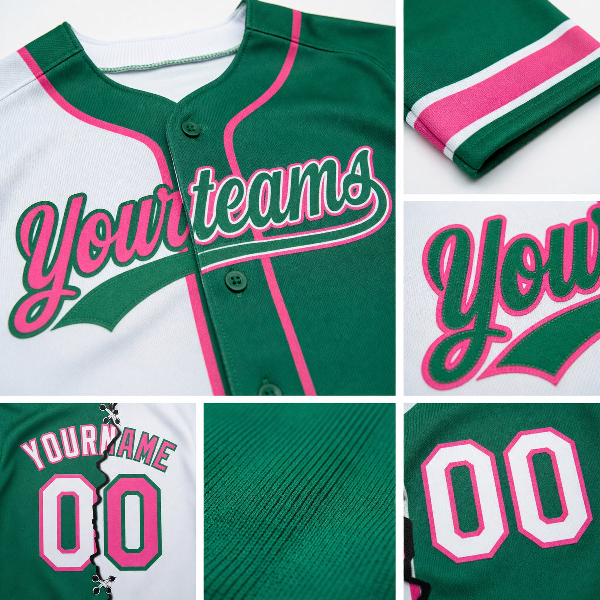 Custom Kelly Green White-Pink Split Ripped Pattern Baseball Pullover Sweatshirt Hoodie detail
