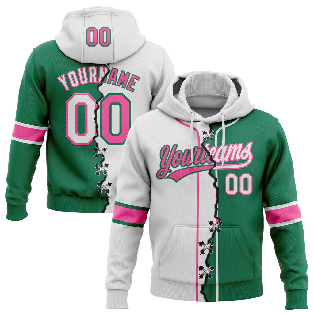 Custom Kelly Green White-Pink Split Ripped Pattern Baseball Pullover Sweatshirt Hoodie photo 1