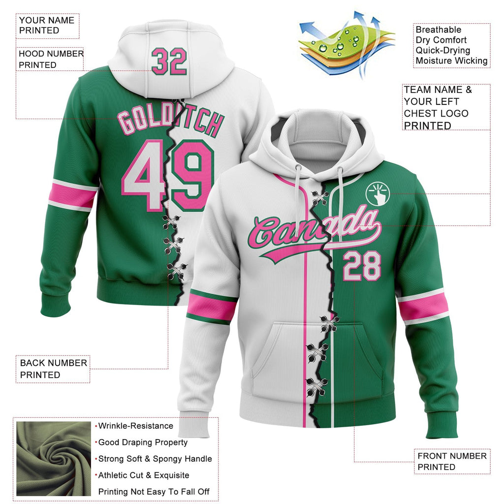Custom Kelly Green White-Pink Split Ripped Pattern Baseball Pullover Sweatshirt Hoodie photo 3
