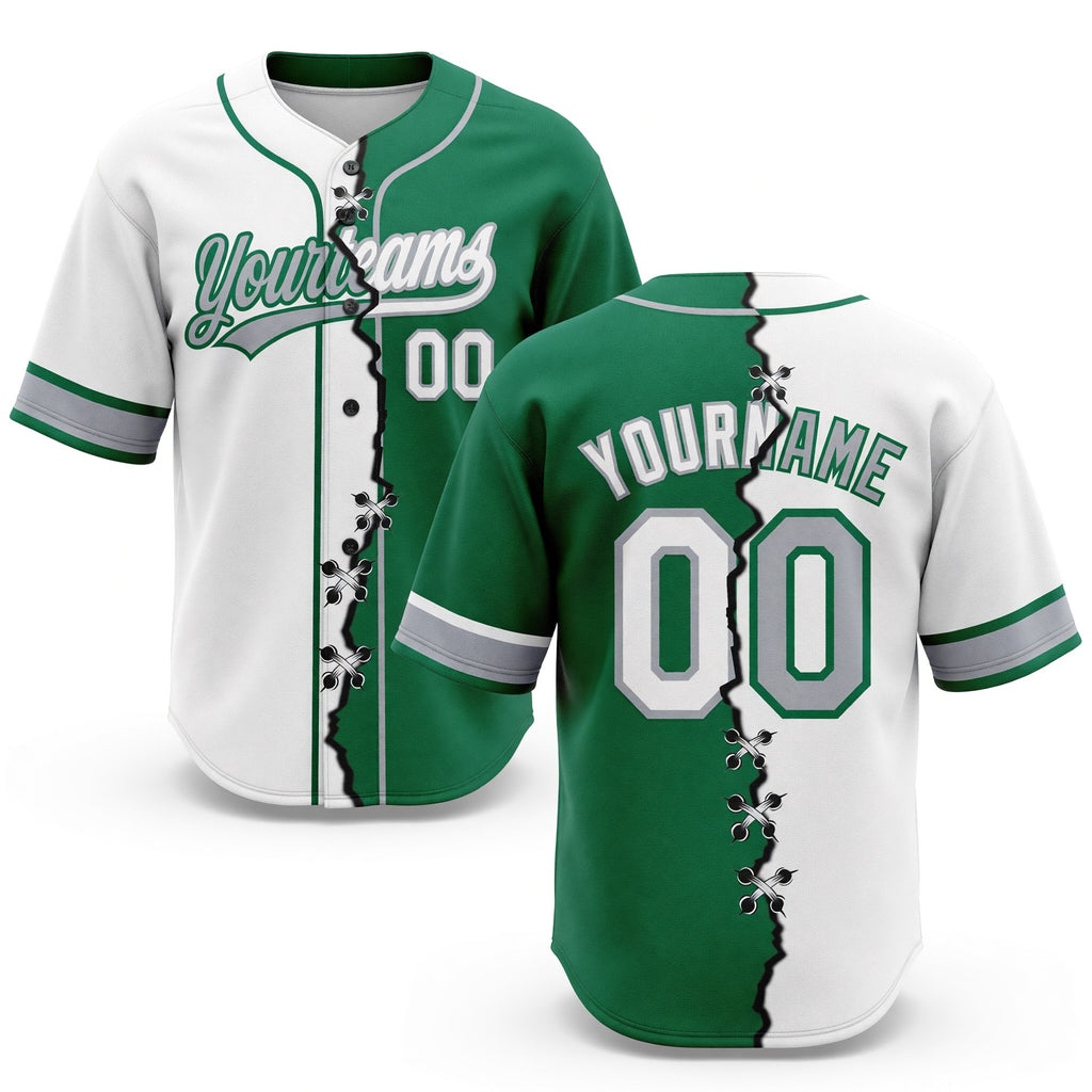 Custom Kelly Green White-Gray Split Ripped Pattern Baseball Pullover Sweatshirt Hoodie