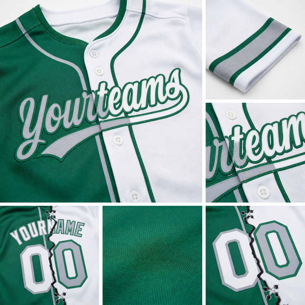 Custom Kelly Green White-Gray Split Ripped Pattern Baseball Pullover Sweatshirt Hoodie detail