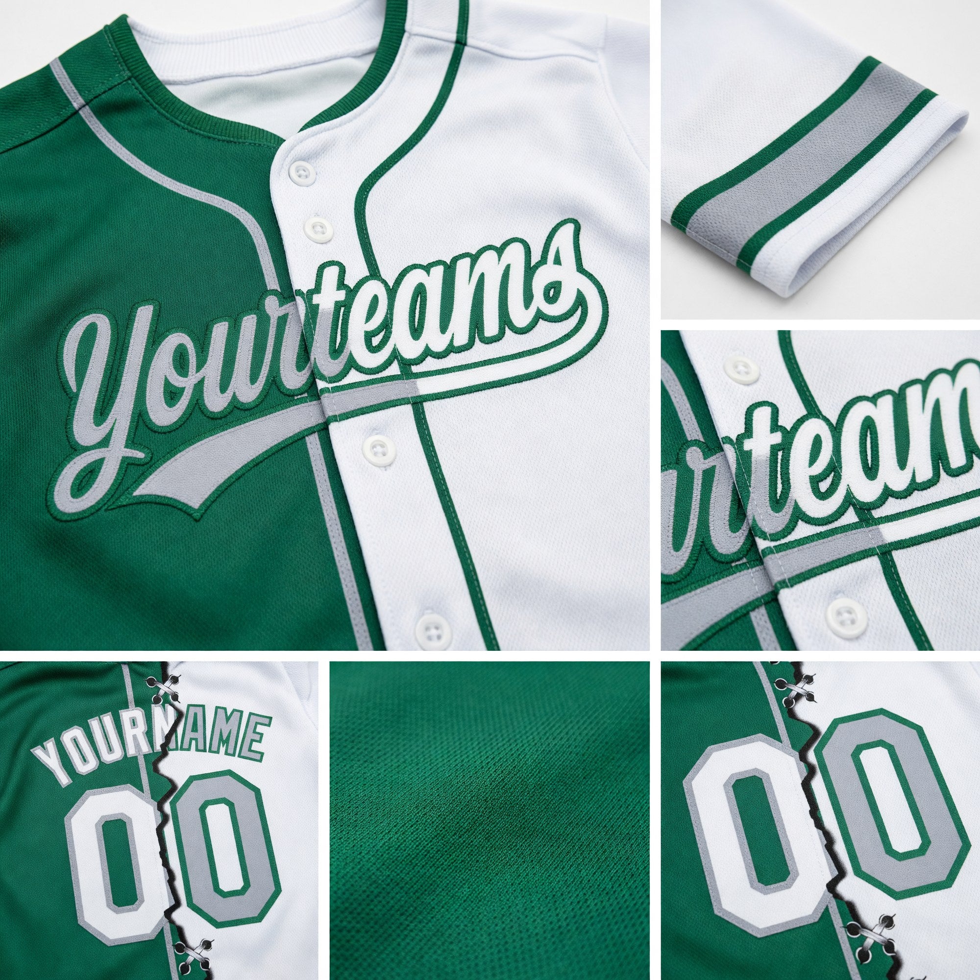 Custom Kelly Green White-Gray Split Ripped Pattern Baseball Pullover Sweatshirt Hoodie detail