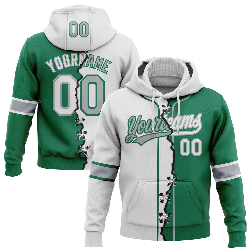 Custom Kelly Green White-Gray Split Ripped Pattern Baseball Pullover Sweatshirt Hoodie photo 1