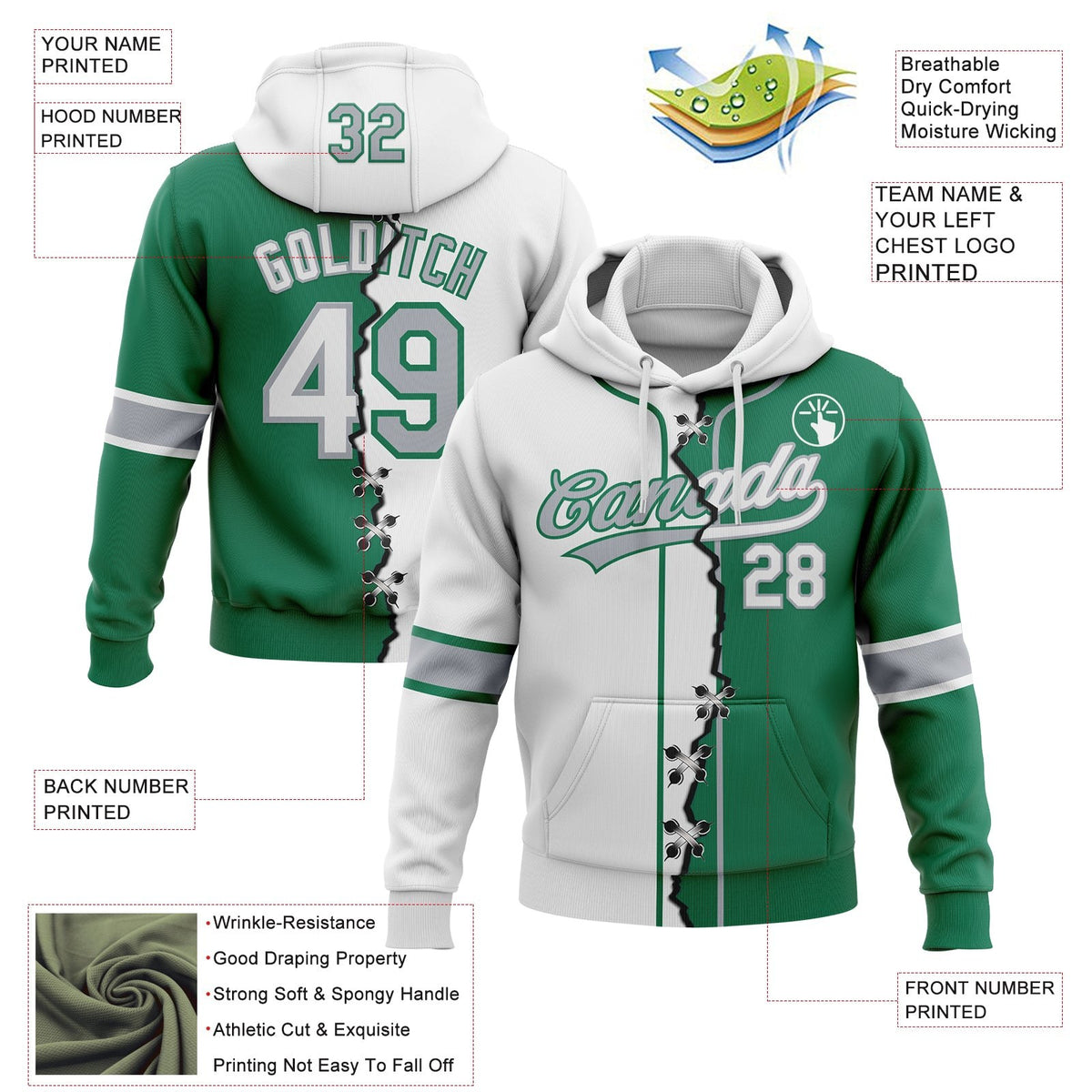 Custom Kelly Green White-Gray Split Ripped Pattern Baseball Pullover Sweatshirt Hoodie photo 3