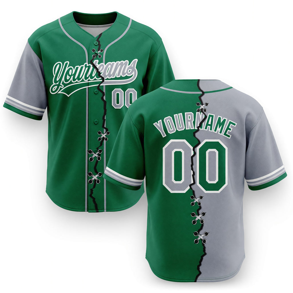 Custom Kelly Green Gray-White Split Ripped Pattern Baseball Pullover Sweatshirt Hoodie
