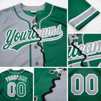Custom Kelly Green Gray-White Split Ripped Pattern Baseball Pullover Sweatshirt Hoodie detail