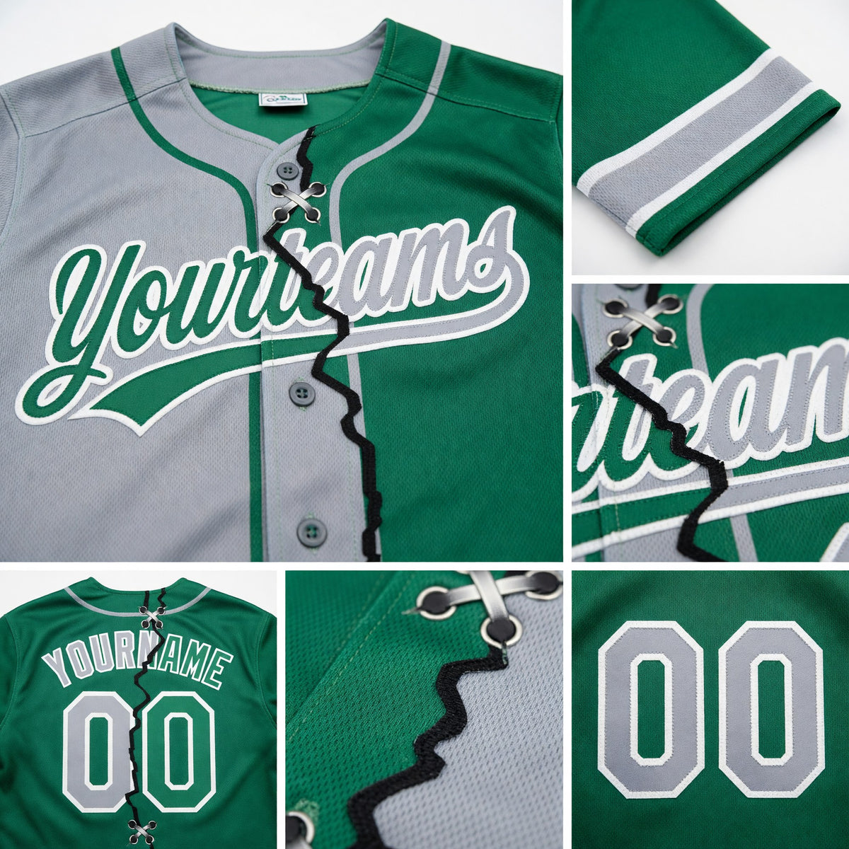 Custom Kelly Green Gray-White Split Ripped Pattern Baseball Pullover Sweatshirt Hoodie detail