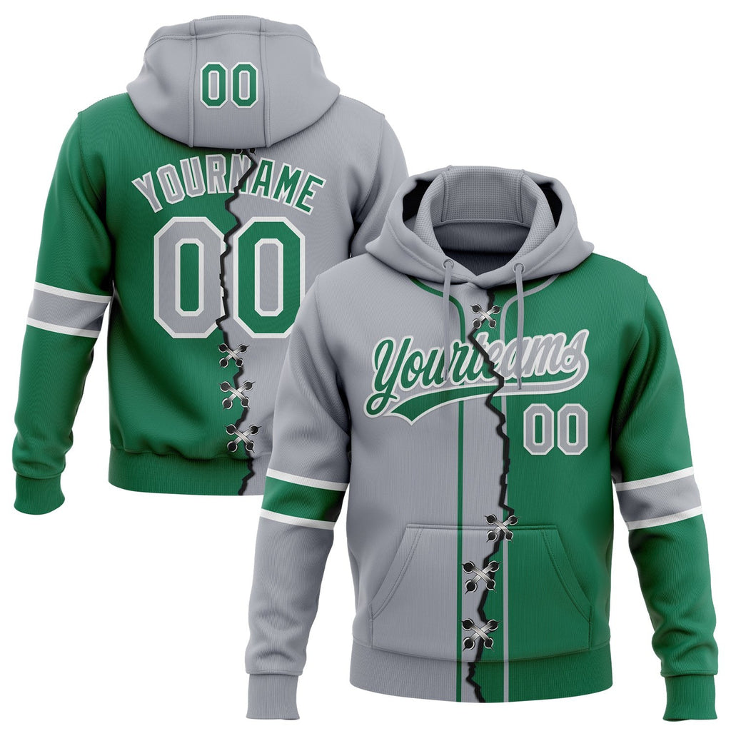 Custom Kelly Green Gray-White Split Ripped Pattern Baseball Pullover Sweatshirt Hoodie photo 1
