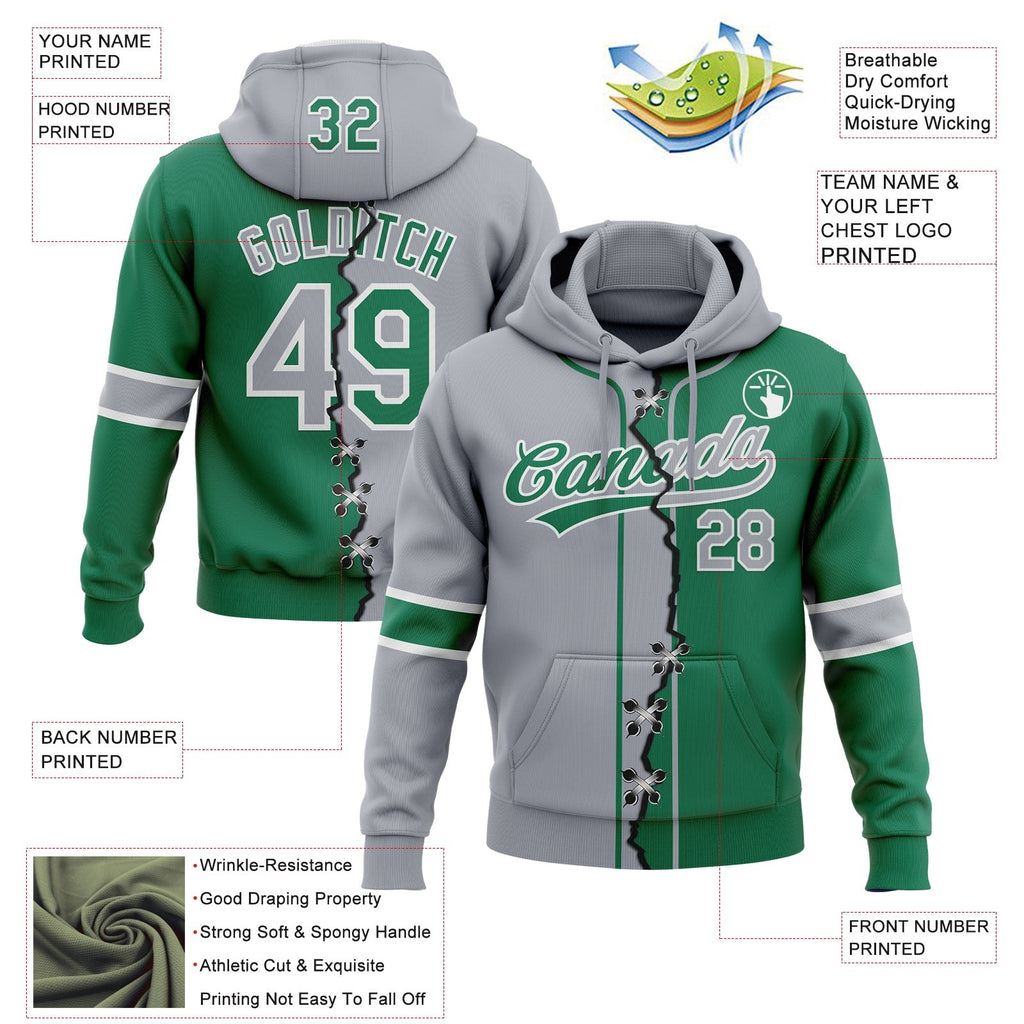 Custom Kelly Green Gray-White Split Ripped Pattern Baseball Pullover Sweatshirt Hoodie photo 3