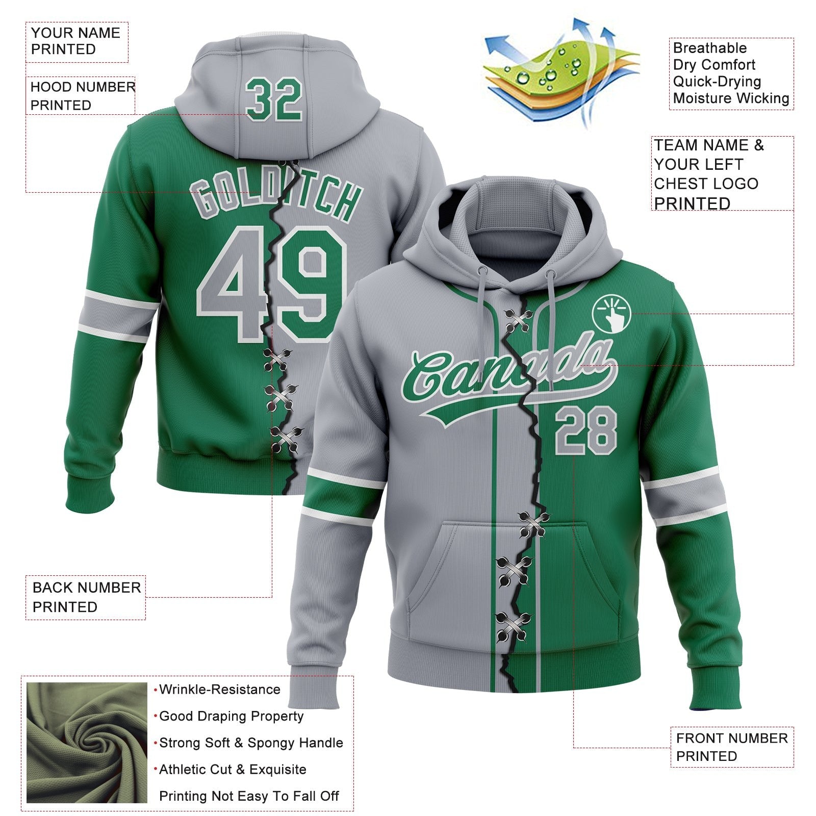 Custom Kelly Green Gray-White Split Ripped Pattern Baseball Pullover Sweatshirt Hoodie photo 3