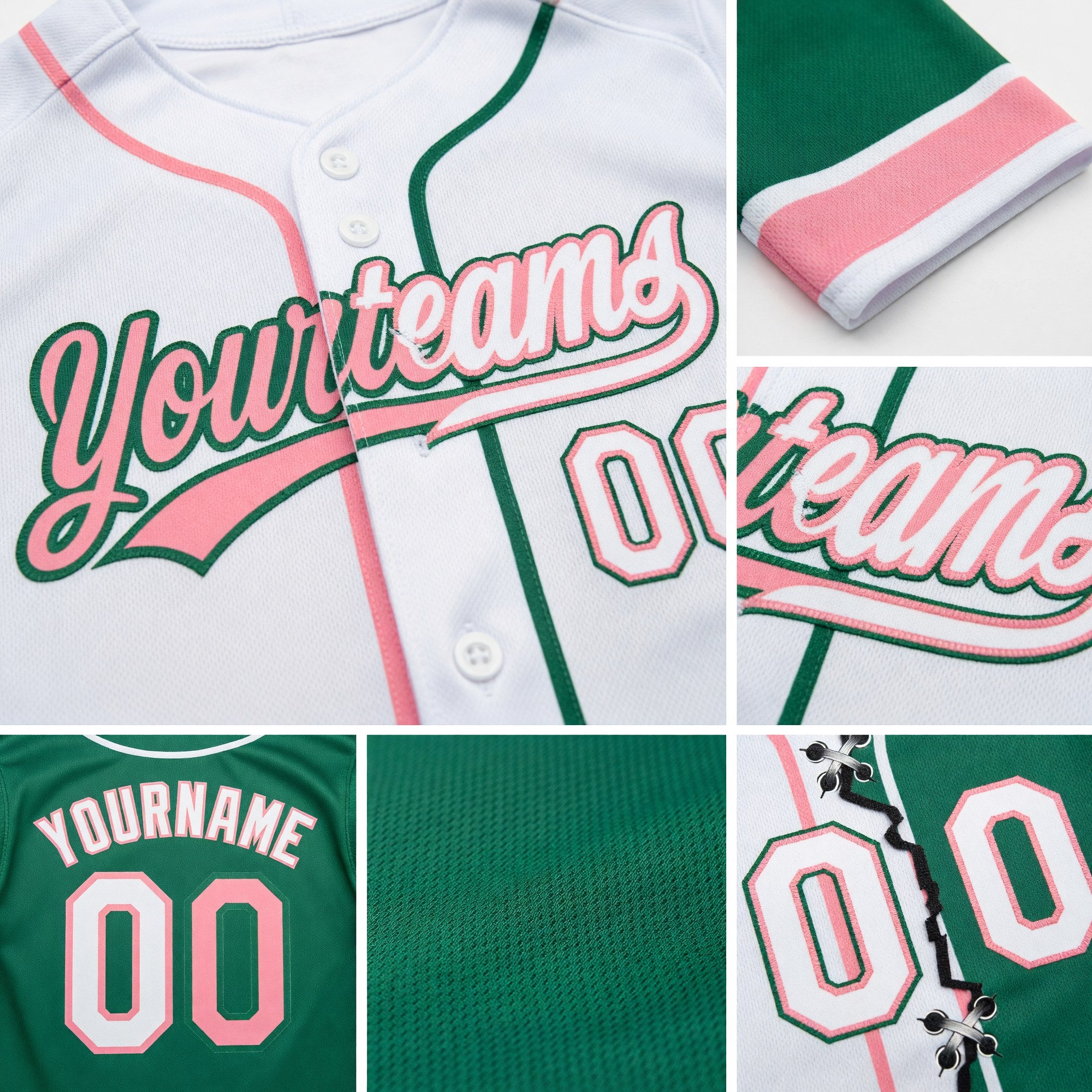 Custom Kelly Green White-Medium Pink Split Ripped Pattern Baseball Pullover Sweatshirt Hoodie detail