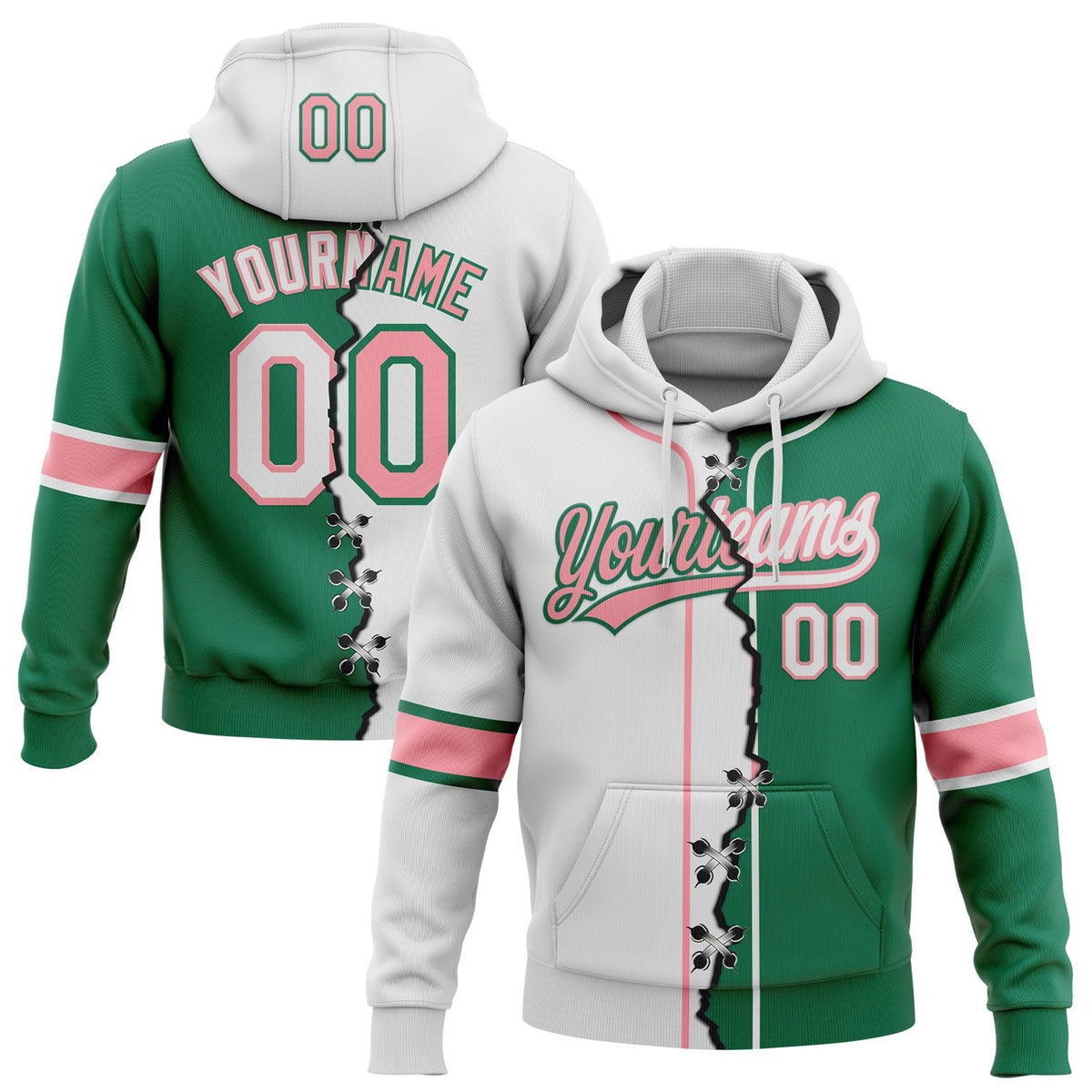 Custom Kelly Green White-Medium Pink Split Ripped Pattern Baseball Pullover Sweatshirt Hoodie photo 1