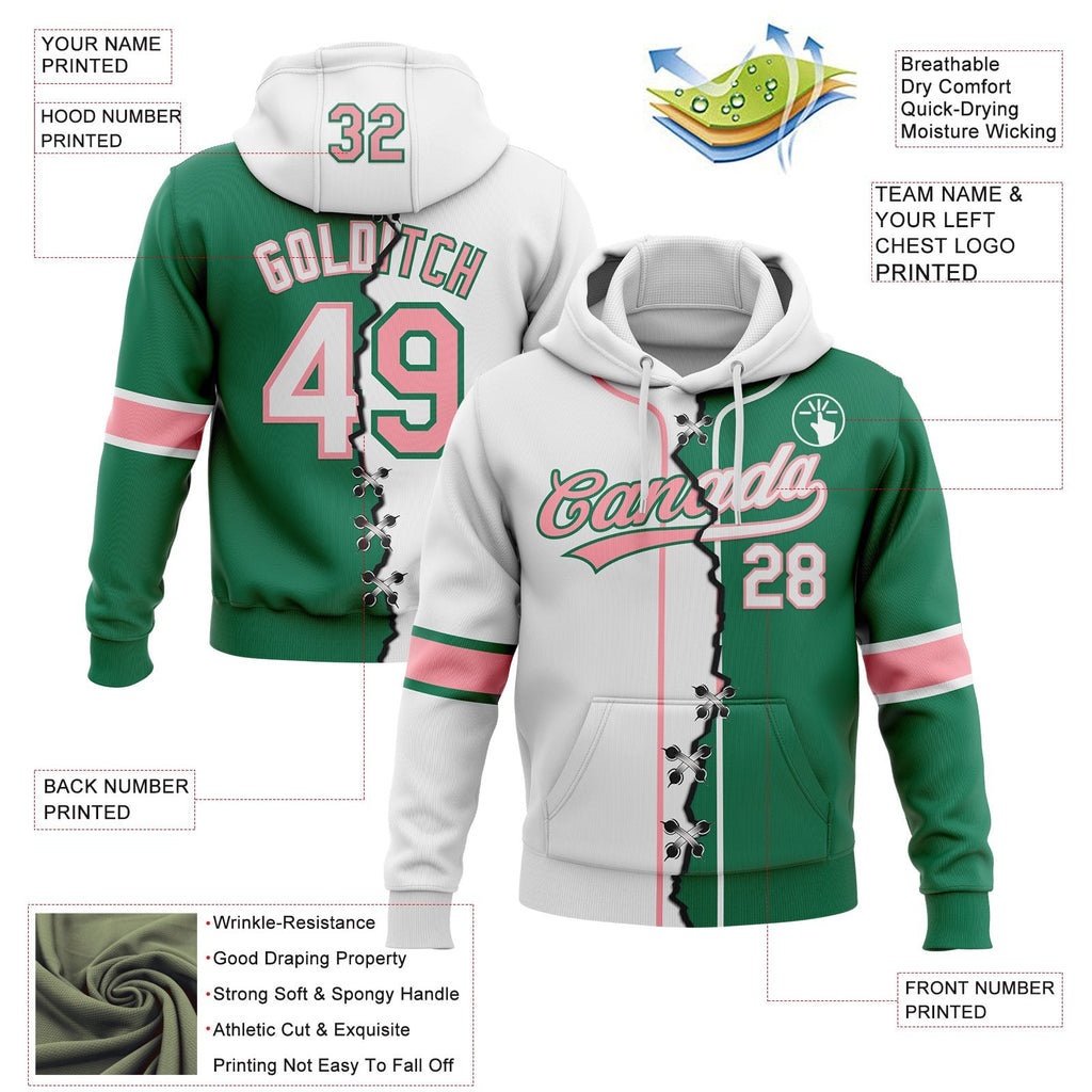 Custom Kelly Green White-Medium Pink Split Ripped Pattern Baseball Pullover Sweatshirt Hoodie photo 3