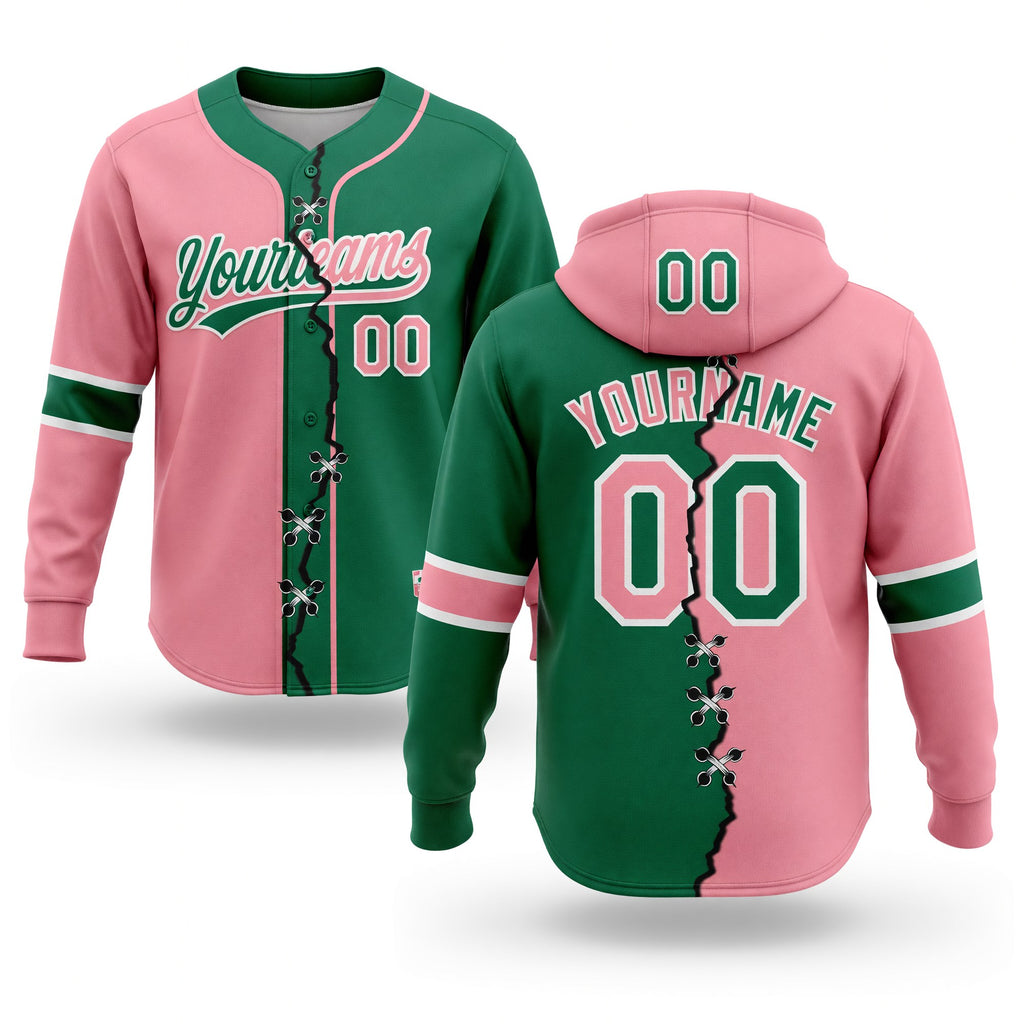 Custom Kelly Green Medium Pink-White Split Ripped Pattern Baseball Pullover Sweatshirt Hoodie