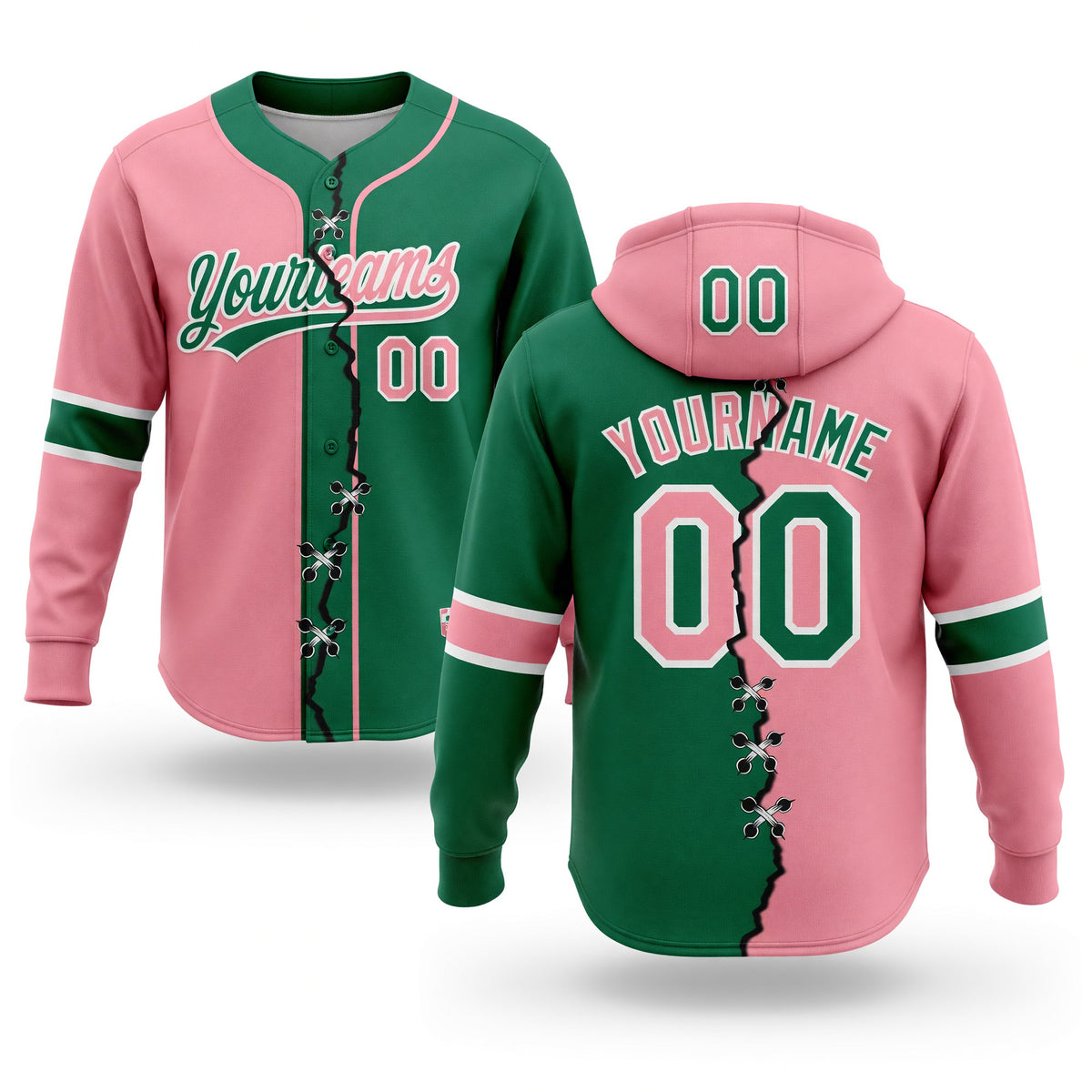 Custom Kelly Green Medium Pink-White Split Ripped Pattern Baseball Pullover Sweatshirt Hoodie