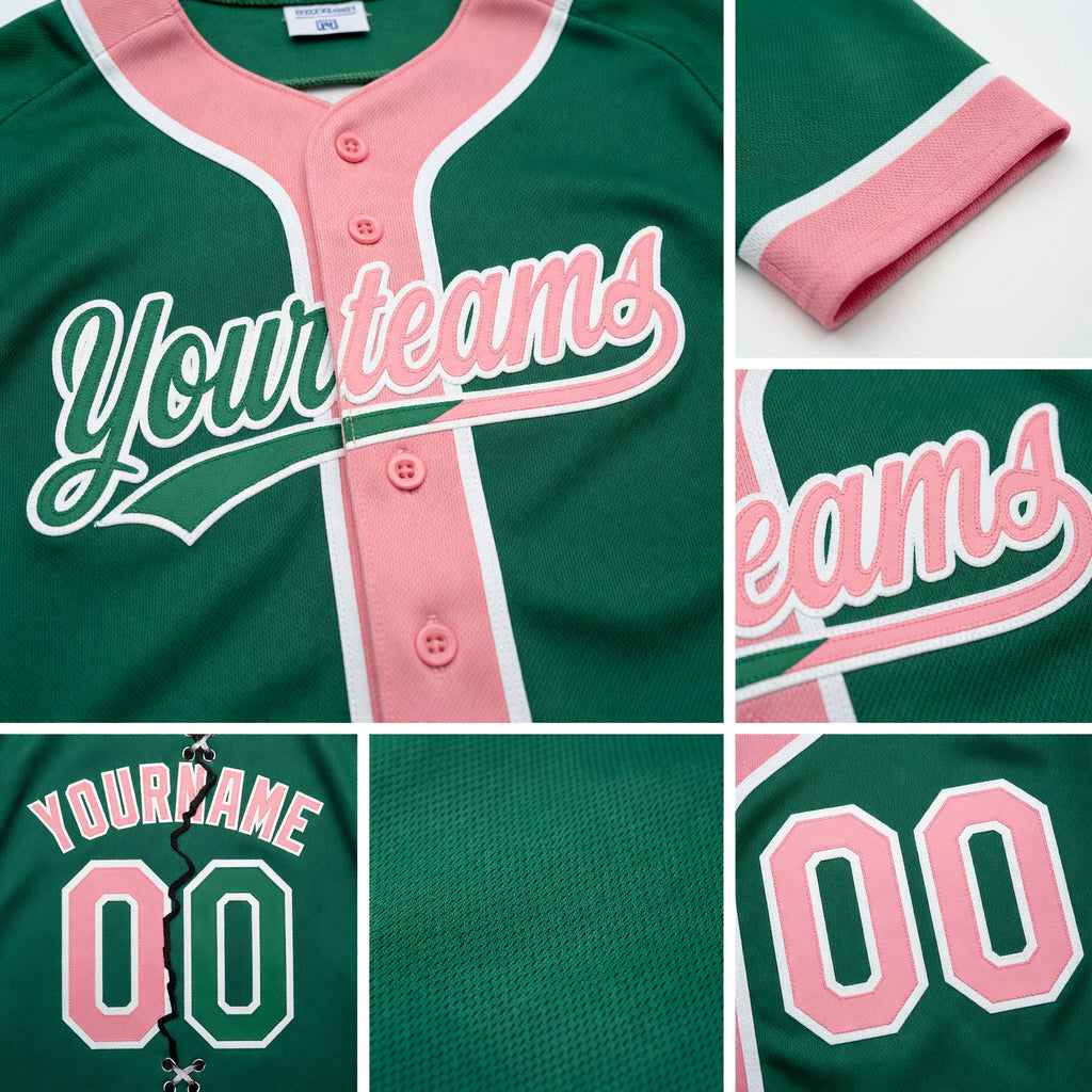 Custom Kelly Green Medium Pink-White Split Ripped Pattern Baseball Pullover Sweatshirt Hoodie detail