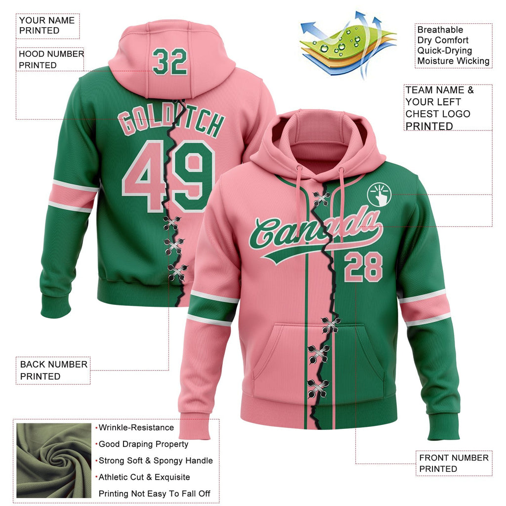 Custom Kelly Green Medium Pink-White Split Ripped Pattern Baseball Pullover Sweatshirt Hoodie photo 3