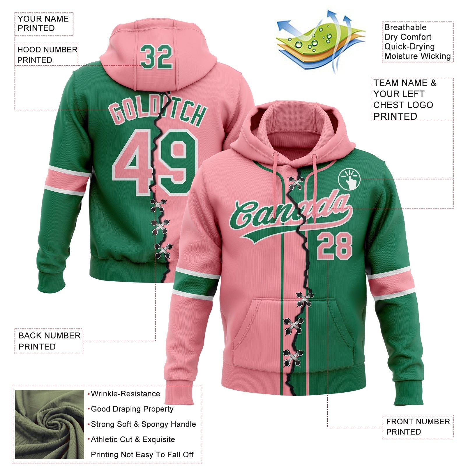 Custom Kelly Green Medium Pink-White Split Ripped Pattern Baseball Pullover Sweatshirt Hoodie photo 3