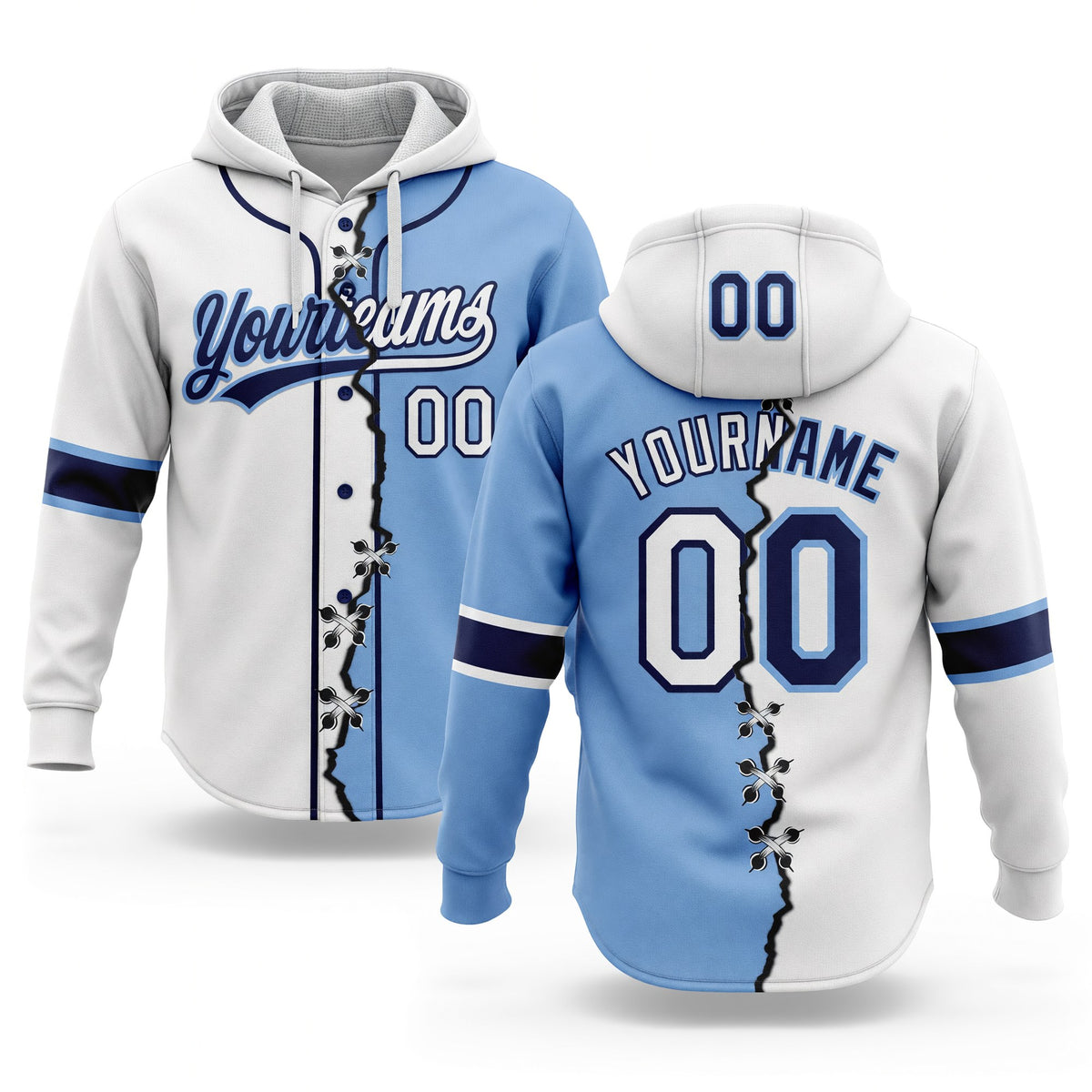 Custom Light Blue White-Navy Split Ripped Pattern Baseball Pullover Sweatshirt Hoodie