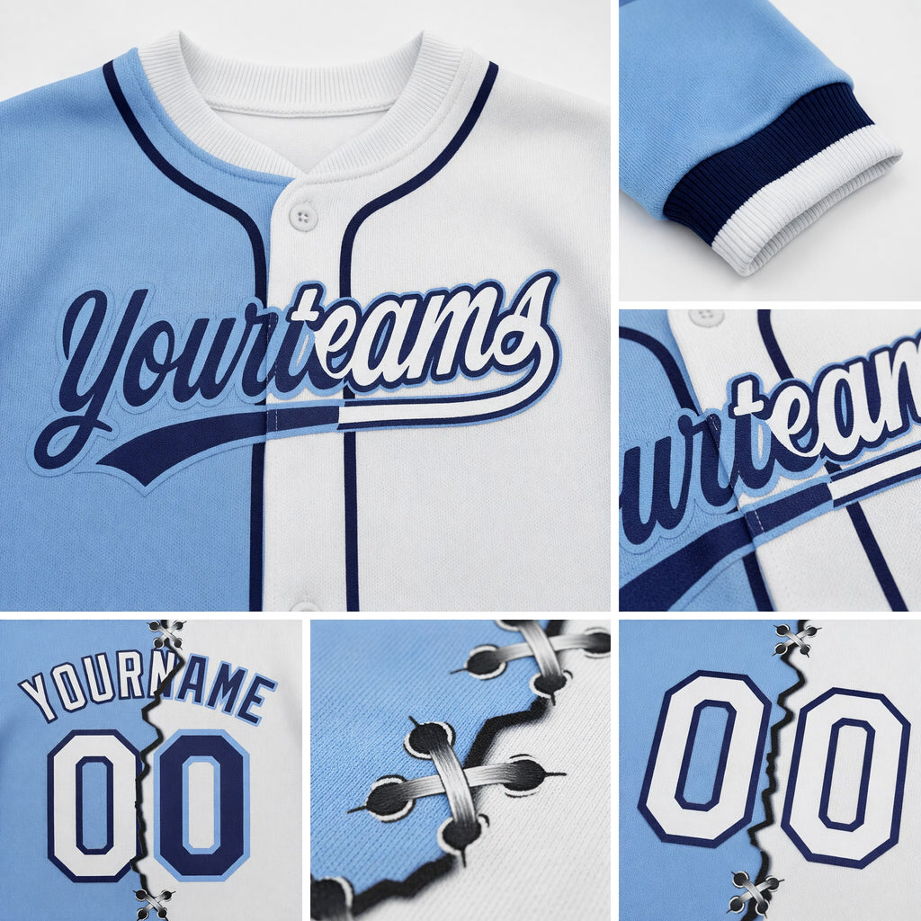 Custom Light Blue White-Navy Split Ripped Pattern Baseball Pullover Sweatshirt Hoodie detail